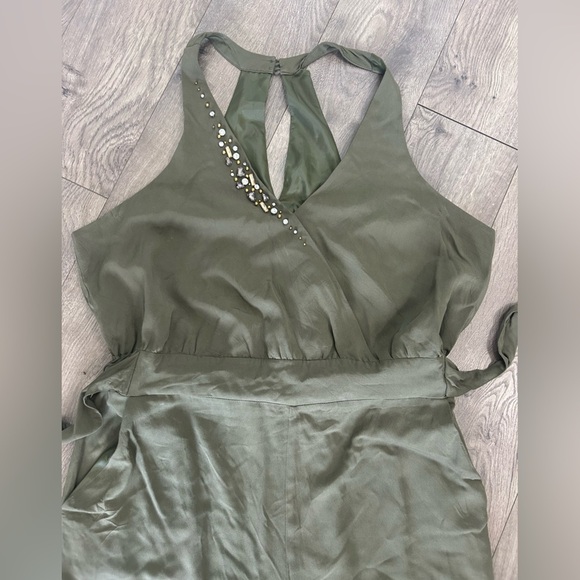 Olive Green Halter Jumpsuit with Rhinestones - Picture 1 of 7